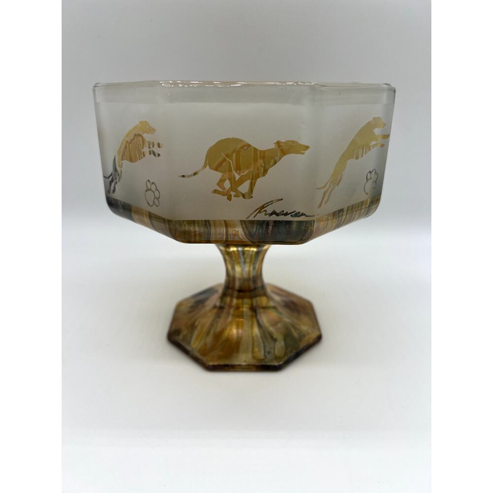 Vintage Candy Dish‎ Frosted Hebron Art Glass Drip Gold & Green Pedestal Dog
